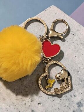 Nwot Peanuts Yellow Pom Pom Keychain with Red Heart & Snoopy Charm